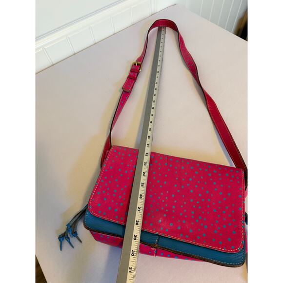 Patricia Nash Italian Leather Boho Chic Hot Pink Blue Polka Dot Crossbody Bag - Picture 11 of 16